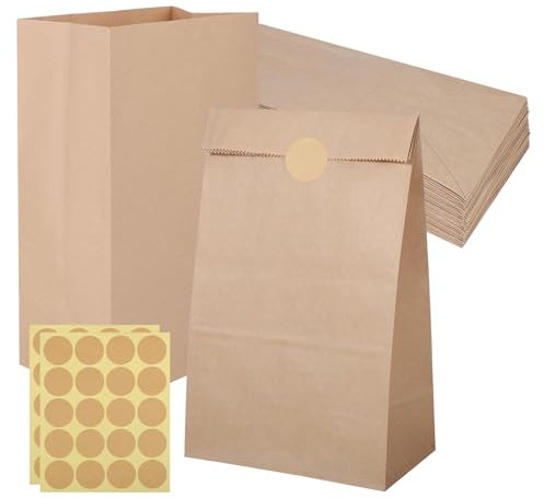 20 Stück Papiertüten Braun, 28x15x9cm Kraftpapiertüten Geschenktüten mit 20 Aufkleber Flachboden Papier Beutel für DIY Adventskalender Hochzeit Weihnachtstüten zum Befüllen