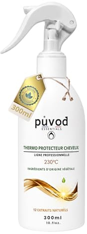 PUVOD Spray Thermo Protecteur Cheveux 300ml – Protection Chaleur 230°C – Réduit 82% Casse – Anti Frisottis Anti Humidité – Protection UV Sans Sulfate Sans Parabène – Soin Sans Rinçage Brushing Expert.