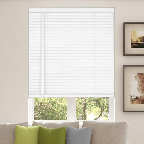 Calyx INTERIORS Room Darkening Vinyl Mini Blinds, Cordless, 1 Slat, 28.5 W x 60 H, White. Inside Mount in Windows 28.75 and Greater; Indoor Window Shades