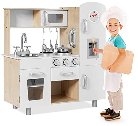 GOPLUS Kinderküche Spielset, Spielküche mit Uhr, Telefon, Wasserspender mit Licht- & Soundeffekt, Kühlschrank, Wasserhahn & Spüle, Kinderküche mit Stauraum für Kleinkinder ab 3, weiß