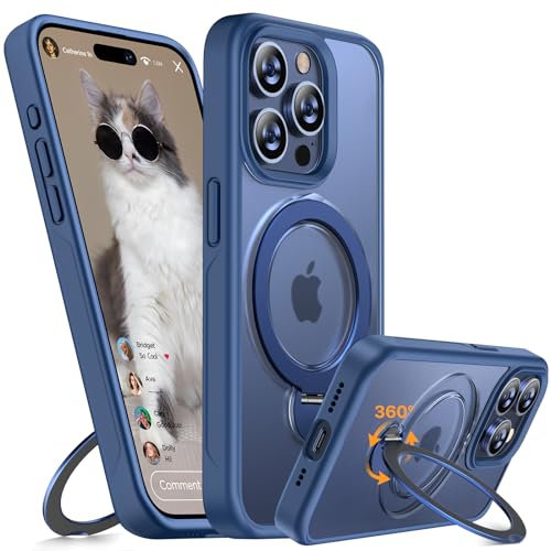 miracase for iPhone 15 Pro Case: 360° Spin Magnetic Stand Protective Cases with MagSafe, Military Grade Drop Protection, Matte Covers for iPhone 15 Pro Cover with Build-in Kickstand (Blue)