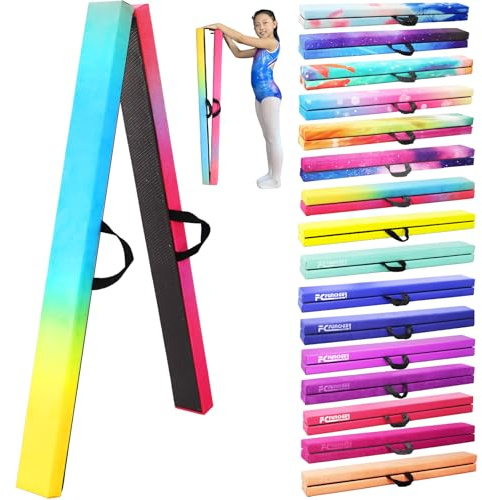 FC FUNCHEER 8FT Folding Balance Beam -Gymnastics Floor Beam -Gymnastics Equipment for Kids,Wood core- Anti-Slip Bottom and Carrying Bag for Home (Suede, Gradient Rainbow)