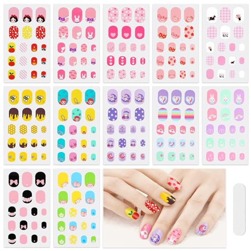 JSRQT 12 Sheets Cute Nail Polish Stickers, Colorful Cartoon Full Wrap Nail Art Stickers Decals Kids Girls, Self Adhesive Gel Nail Polish Strips with Nail File, DIY Art for Fingers Decor