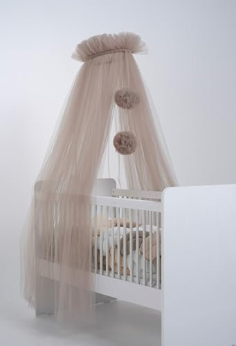 Babysänghimmel av tyll, sänghimmel för babysäng, för prinsessbabyvagga och sidosäng för baby, myggnät, babyrumsdekoration, baldakin för barnrum, 165 cm lång, med pompoms, brungrå