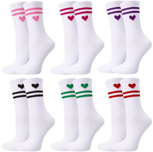 Utensilsto 6 Paar Herz Tennissocken für Damen Sportsocken Damen 39-42 Weiß Socken mit Streifen Laufsocken Tennis Sport Socken Crew Socks Arbeitssocken,Streifen Kleines Herz