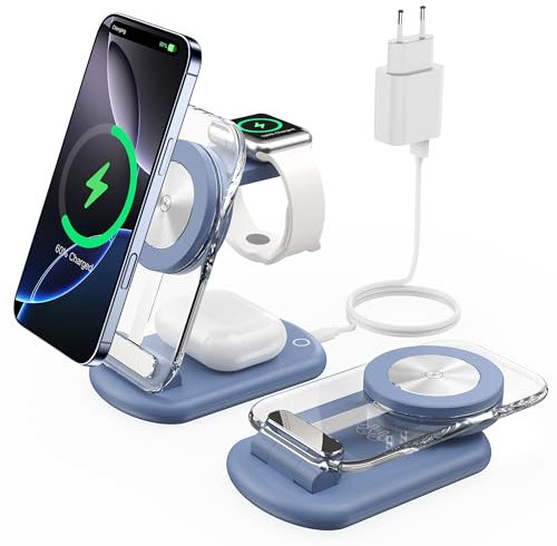 Station de Charge sans Fil magnétique 3 en 1 pour appareils Apple, Chargeur Rapide et Pliable pour Voyage, avec lumière Nocturne pour iPhone 16, 15, 14, Apple Watch/AirPods Pro, BU