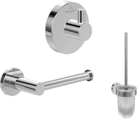 Villeroy & Boch Elements-Tender Badaccessoire-Set (3 in 1 Bundle), Bad Zubehör Set bestehend aus Handtuchhaken, Toilettenpapierhalter ohne Deckel und Toilettenbürstengarnitur, Chrom