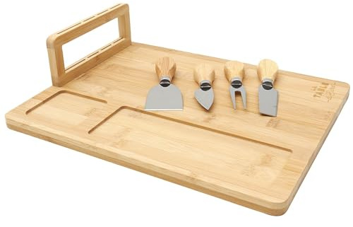 COOK CONCEPT, KA0667, Tagliere per Formaggi in bambù con 4 coltelli, Design Elegante e Pratico, Ideale per cene ed Eventi, Facile da Pulire, Marrone, 36x28 cm
