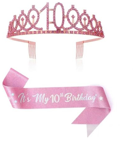 Komoke Set corona di compleanno e fascia per bambine di 10 anni, corona glitterata con strass e fascia di compleanno, decorazione per bambini, regalo di compleanno per ragazze
