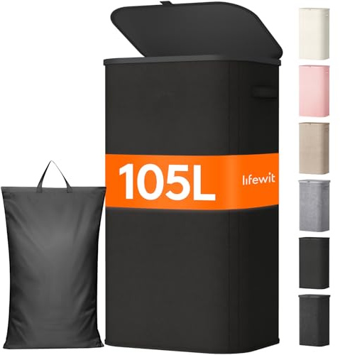 Lifewit Wäschekorb mit Deckel, 105 L Wäschesammler mit Kunststoffrahmen, faltbarer großer Wäschesortierer, Wäschebox Laundry Baskets für Schlafzimmer, Bad, Schwarz