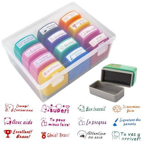 NAVESO Lot De 12 Tampons Enseignants Français, Tampon Enseignant Auto-Encreur, Tampon Encreur Enseignant pour Enfant, Maternelle-Cadeau, Tampon Maitresse D'école avec Boîte pour Encourager éLèves