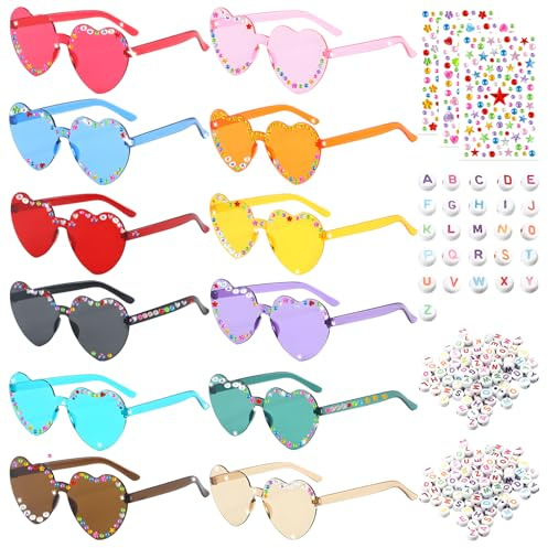 12Pcs Heart Sunglasses, Rimless Heart Glasses Colorful Party Glasses with Letter Beads and Rhinestones, DIY Funny Glass for Adults Bridesmaid Gifts Hen Party Festival Glass for Wedding Accessorie