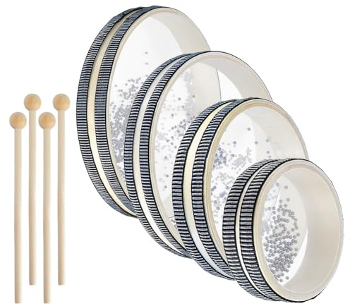 OLYCRAFT 4pz Tamburo Oceanico con 4 bacchette In Legno 10/15/20/25cm Tamburo con Perline Ondulate Tamburo con Suono Marino Strumento A Percussione Musicale per Forniture Domestiche (Nero)