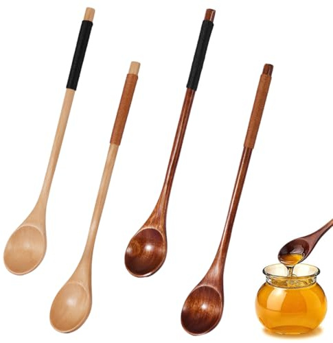 ZORVYN Juego de 4 Cucharas Miel Madera con Mango Largo para Café, Té, Postres, Cucharas para Mezclar Naturales, Accesorios de Cocina