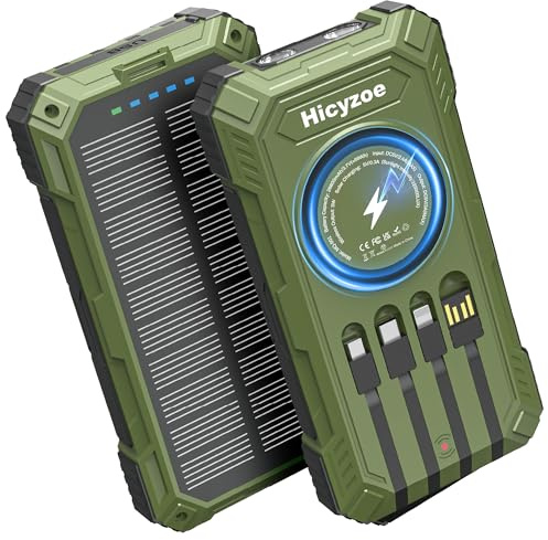 Banco de Energía Solar, Cargador Portátil de 26800mAh con 4 Cables Integrados, Cargador Solar con Carga Rápida USB-C, Carga Inalámbrica Qi con Linternas LED, para Celulares, Tabletas y Camping.