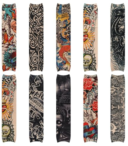 10PCS Ensemble Manchons de Tatouage Faux per Protection Solaire, manchette protection tatouage, Manchettes Élastiques en Soie Glacée per Sports Extérieurs, Designs Tendance Multicolores per Adultes