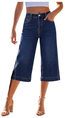 Pantalones Vaqueros para Mujer de 3/4 de Longitud Pierna Ancha Vaqueros para Mujer Tela Vaquera Verano Elegantes Pantalones Capri Cintura Alta piernas Rectas Jeans Casuales Elásticos Ajuste Relajado