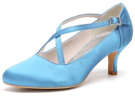 Zapatos De Tacón Bajo Cruzados De Satén Mujer Ideales Bodas Y Fiestas Sandalias 6 Cm.,Sky Blue,36 EU