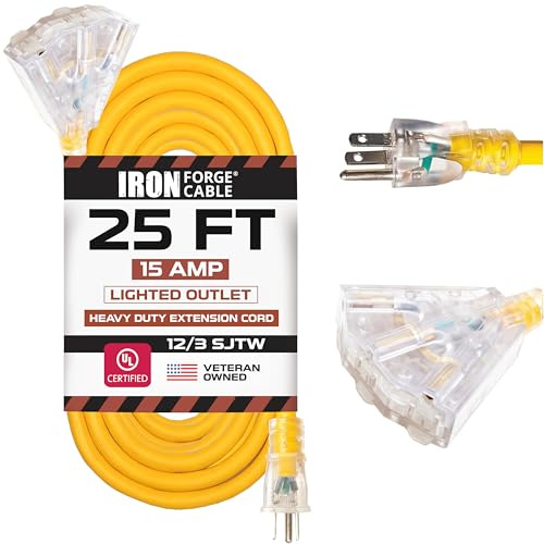 IRON FORGE CABLE 25 Foot Lighted Outdoor Extension Cord with 3 Electrical Power Outlets - 12/3 SJTW Heavy Duty Yellow Extension Cable with 3 Prong Grounded Plug for Safety, 15 AMP
