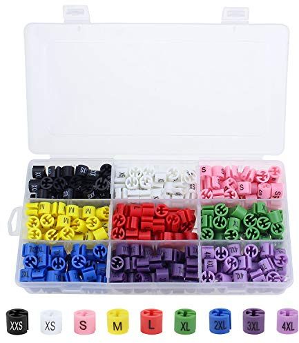 Dreamtop 450 marcadores de tamaño para percha de ropa, etiquetas de tamaño para perchas de ropa, 9 tamaños, cubos de plástico para perchas de alambre con caja de almacenamiento (XXS - 4XL)