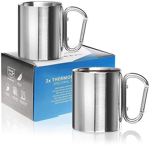 Robin Goods® 2X Tazas térmicas de Acero Inoxidable con asa de mosquetón - 350 ml por Taza de café - Taza térmica para Beber - cafetera inastillable - Taza (02 Piezas - Mango de mosquetón)