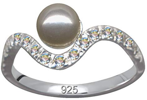 FINGERRING med pärla/äkta silver 925 och zirkonia/jugendstil/köp online smycke/stenfärg: klar vit/modern cool trendig hip/59049, Sterling silver 925, zirkoniumkristaller, zirkoniumkristall