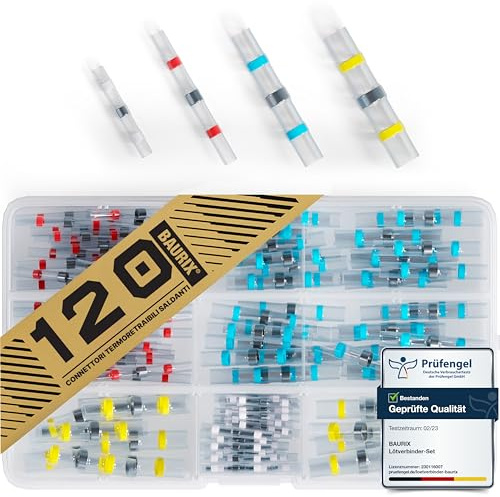 BAURIX® Juego de conectores electricos rapidos [120 piezas] - Terminales electricos IP67 para conexiones de cables resistentes al agua - Conectores cables eléctricos - Conectores para soldar