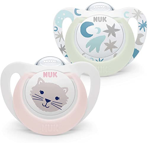 NUK Star Babyschnuller | 0–6 Monate | Day & Night Schnuller | BPA-freies Silikon | Pink Cat | 2-teilig
