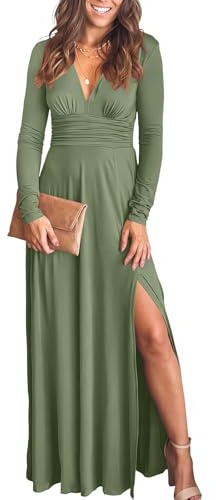 ANRABESS Women Deep V Neck Long Sleeve Slit 2025 Fall Elegant Formal Wedding Guest Cocktail Evening Date Prom Maxi Long Dress Green Medium