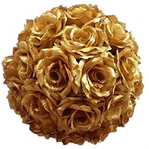 YLBFJXK 5.5 Silk Rose Artificial Flowers Kissing Ball for Centerpieces Hanging Wedding Bouquets Decor, 5 Pack, Gold