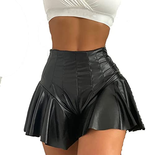 Ledershorts Damen Sexy Wetlook Lack und Leder Mini Lederrock Shorts Frauen Hotpants Festival Rave Techno Pole Dance Outfit Lara Croft Kostüm Halloween Karneval Party Faschingskostüme Schwarz 10 M