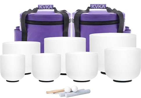 KVKA Set of 7PCS 432 Hz Frosted Quartz Crystal Singing Bowls 7-12 inch Chakra Sound Bowls with Carry Case Bag for Yoga Meditation Gifts