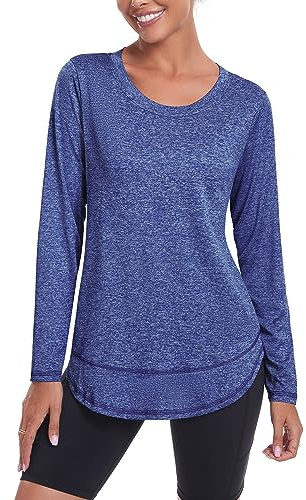 Deaviya Womens Long Sleeve Sports Tops UK, Sport Yoga T-Shirt Workout Running Tops, Crew Neck Quick Dry Golf Activewear Ladies Gym Sports Top, M,Dark Blue