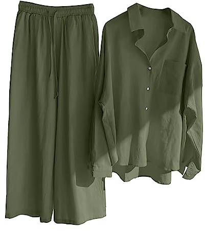 Tvådelad dräkt i ledig stil för damer, byxor och skjorta, bekväm outfit i retrostil, perfekt för vardag, plusstorlek, bomullstyg med knappar, hög midja, lös passform, fickor, byxdress