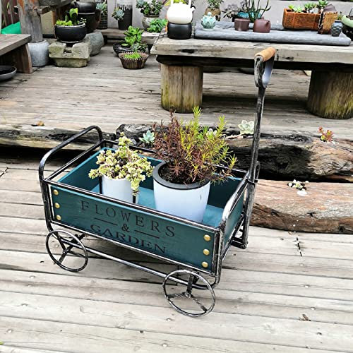 PASPRT Carro de Flores de jardín Retro Carro de Madera,Carro móvil de Hierro Forjado al Aire Libre,Patio Trasero Decorativo de jardín Interior/Exterior (Green)