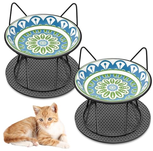 Avmvnvc Gamelle Chat Surélevée - 2 Bols en Céramique avec Support en Métal Antidérapant pour Chat et Petits Chiens - Tapis Antidérapant Inclus