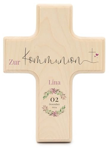 Kinderkreuz zur Kommunion personalisiert 19x14x1,5cm mit Namen und Datum - Geschenkideen zur Kommunion - Erstkommunion Geschenke Mädchen - Kinderkreuz Holz - Kreuz Kinder - UV-Druck - Kranz rosa