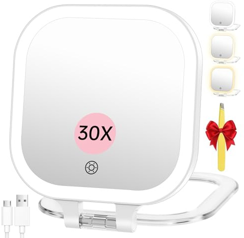 FASCINATE Rechargeable Travel Makeup Mirror 30X Magnification, 7 Lighted Portable Vanity Mirror with 3 Colors Lighting & Stepless Dimming, Double Sided LED Mirror, Gift for Women (White)