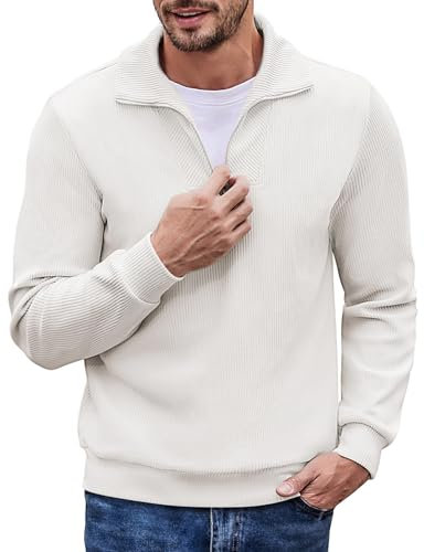 COOFANDY Strickpullover Herren 1/4 Zip Pulli Outdoor Winter Pullover Herren Ohne Kapuze Pulli Weiß L