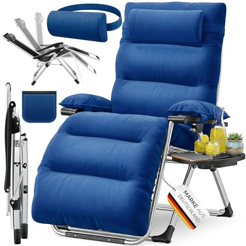 KESSER® Lettino XXL - pieghevole, Resistente alle Intemperie, Portata 200 kg, Rivestimento ergonomico, Schienale regolabile, Portabicchieri e Cuscino per le Braccia, Basic - Blu Marino