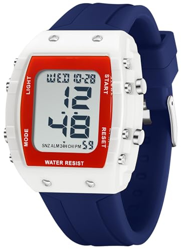 Digitale Uhren für Männer und Frauen, wasserdichte Sportuhr, leicht ablesbar, große Ziffern, bunte Armbanduhr, Herrenuhr, Tonneau, einzigartige Uhr für Damen und Herren, blau / weiß