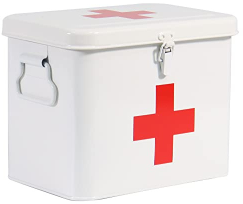 Porta Medicine, Contenitore Per Medicine Domestiche, Organizer Medicinali 2 Strati in Metallo, Cassetta Pronto Soccorso, Adatto allo Stoccaggio di Prodotti Farmaceutici 20.5 x 13.5 x 16.5 Cm - Bianco