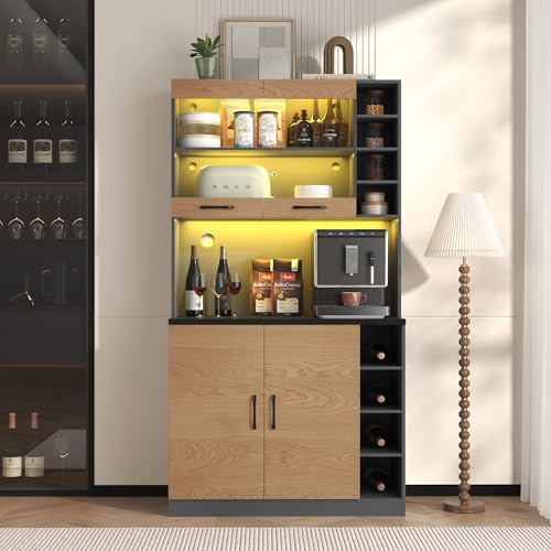 Huayz Armadio da cucina, Mobile alto buffet con illuminazione ambientale LED e fori per cavi, Mobile alto da cucina in legno, ampio spazio per microonde, scomparti portaoggetti, 100 x 47 x 187 cm