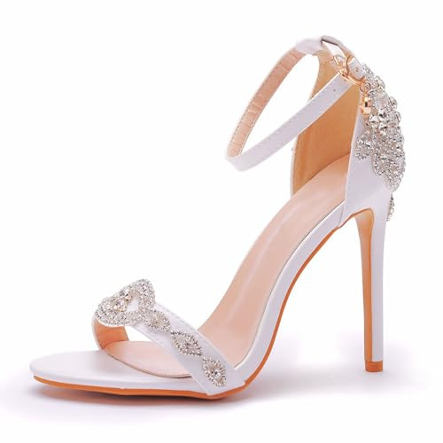 LYAHVGU Scarpe da Sposa da Donna, Sandali con Tacco Alto a Spillo con Punta Aperta e Perle con Strass Scintillanti da 11 cm, Pompa per Ufficio per Abiti da Sera per Feste di Matrimonio da Sposa