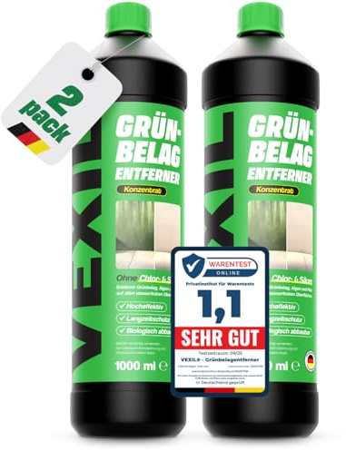 VEXIL® Grünbelagentferner Konzentrat – entfernt Algen, Moos, Pilze & Flechten – für Stein, Holz, Wände, Markissen und mehr – 2x 1L für bis zu 200 m² – frei von Chlor & Säuren – Made in Germany