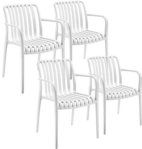 tectake® Lot de 4 Chaise de Jardin avec Accoudoirs Salon extérieur Empilable Résistant aux intempéries Max. 120 kg Légère Salon de Jardin Exterieur Meuble pour Amenagement Balcon Terrasse - Crème