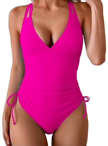 Ocean Plus Women's Figure Shaping Cross V-Neck One-Piece Without Underwire Backless Swimsuit with Adjustable Straps, pink, L