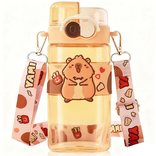 Capybara Borraccia Bambini, 520ml Borracce con Cannuccia Botella de Agua Water Bottle Motivazionale Potable Cantimplora Deportiva Portátil Reutilizable Botellas Transparente para Escuela Deporte