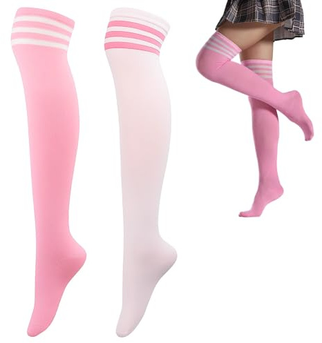 2 Pairs Over Knee Thigh Socks Knee Thigh High Socks for Girl and Women | 52cm Tube Height Long Striped Tube Stockings, College Style, Extra Long Boot, Stockings Leg Warmers, White and Pink
