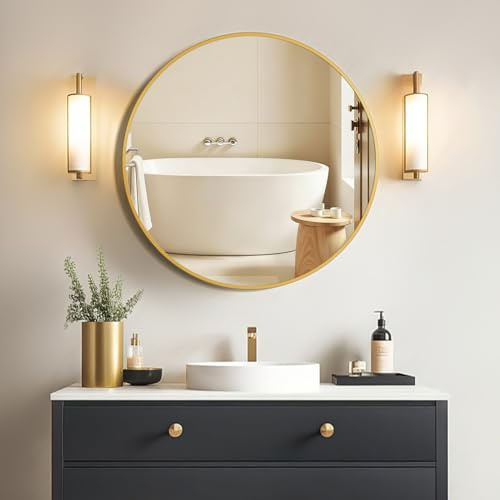 Sqinor 50 cm guld rund spegel, modern aluminiuminramad badrumsväggspegel, hängande eller klistra på speglar för väggar, dekorativa självhäftande cirkelspeglar för badrum hall sovrum vardagsrum